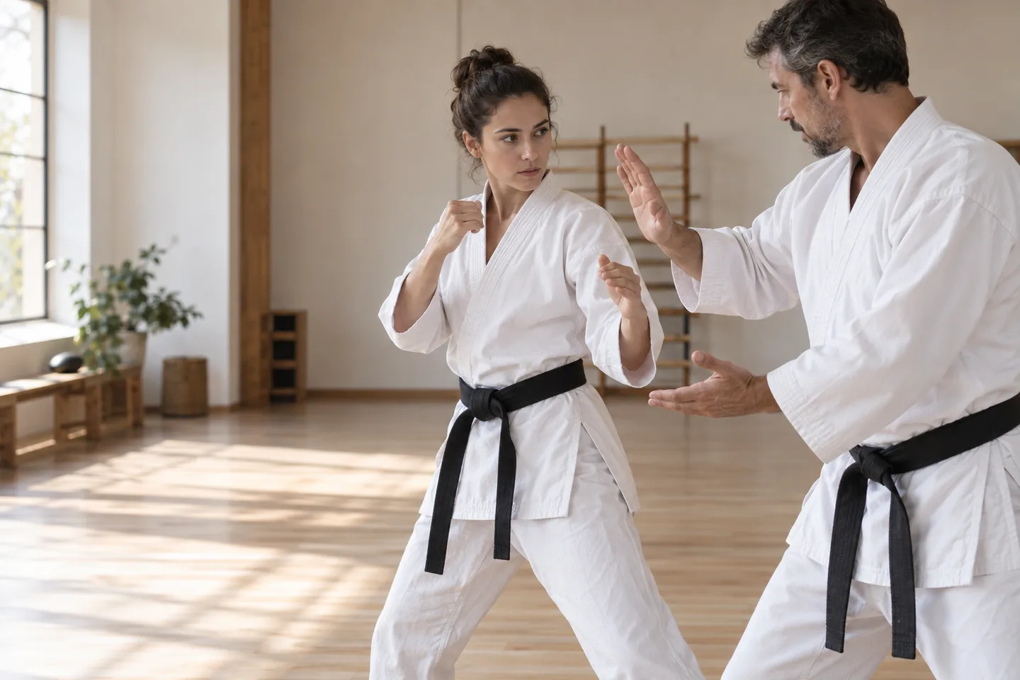 Generated concept of two adults practicing a controlled martial arts drill